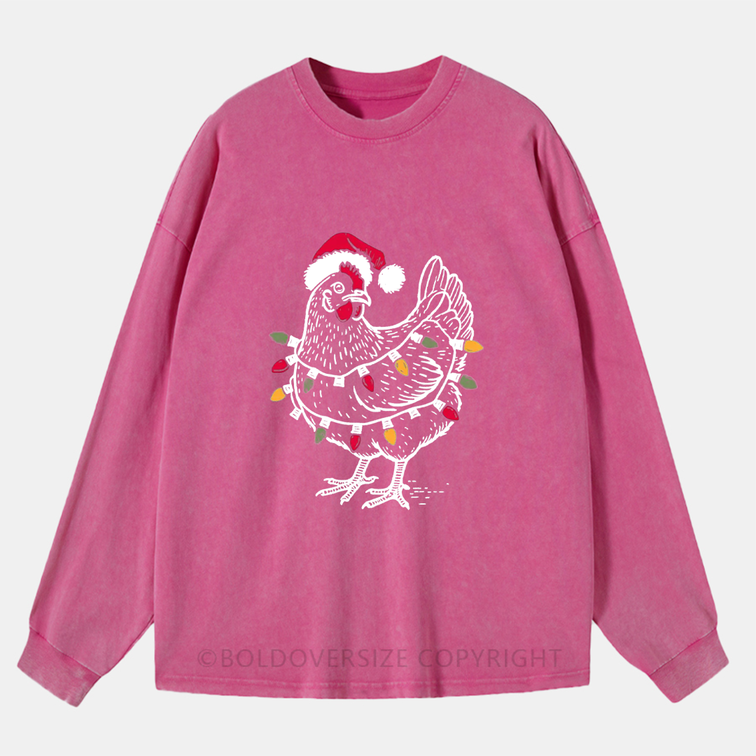 Vintage Farm Holiday Christmas Chicken Washed Long Sleeve Shirt