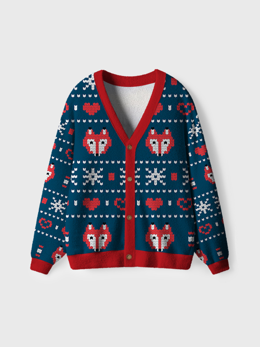 Vintage Blue Fox Heart Ugly Cardigan Sweaters