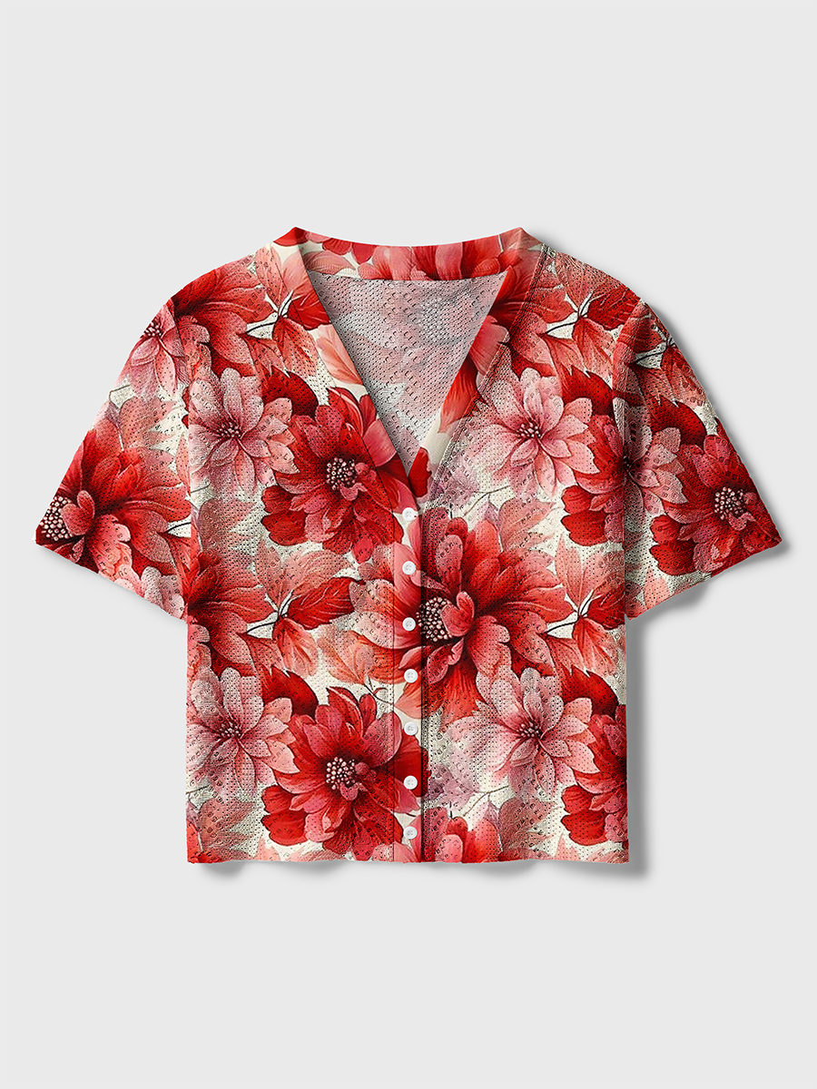 Red Floral Crochet Button Down Cardigan