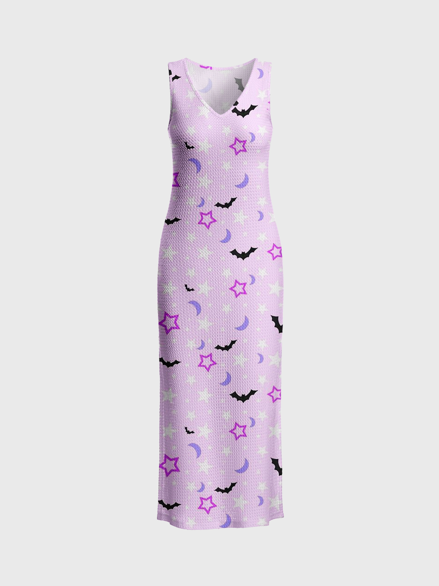 Light Pastel Lavender Halloween Star Bat Open Stitch Midi Dress