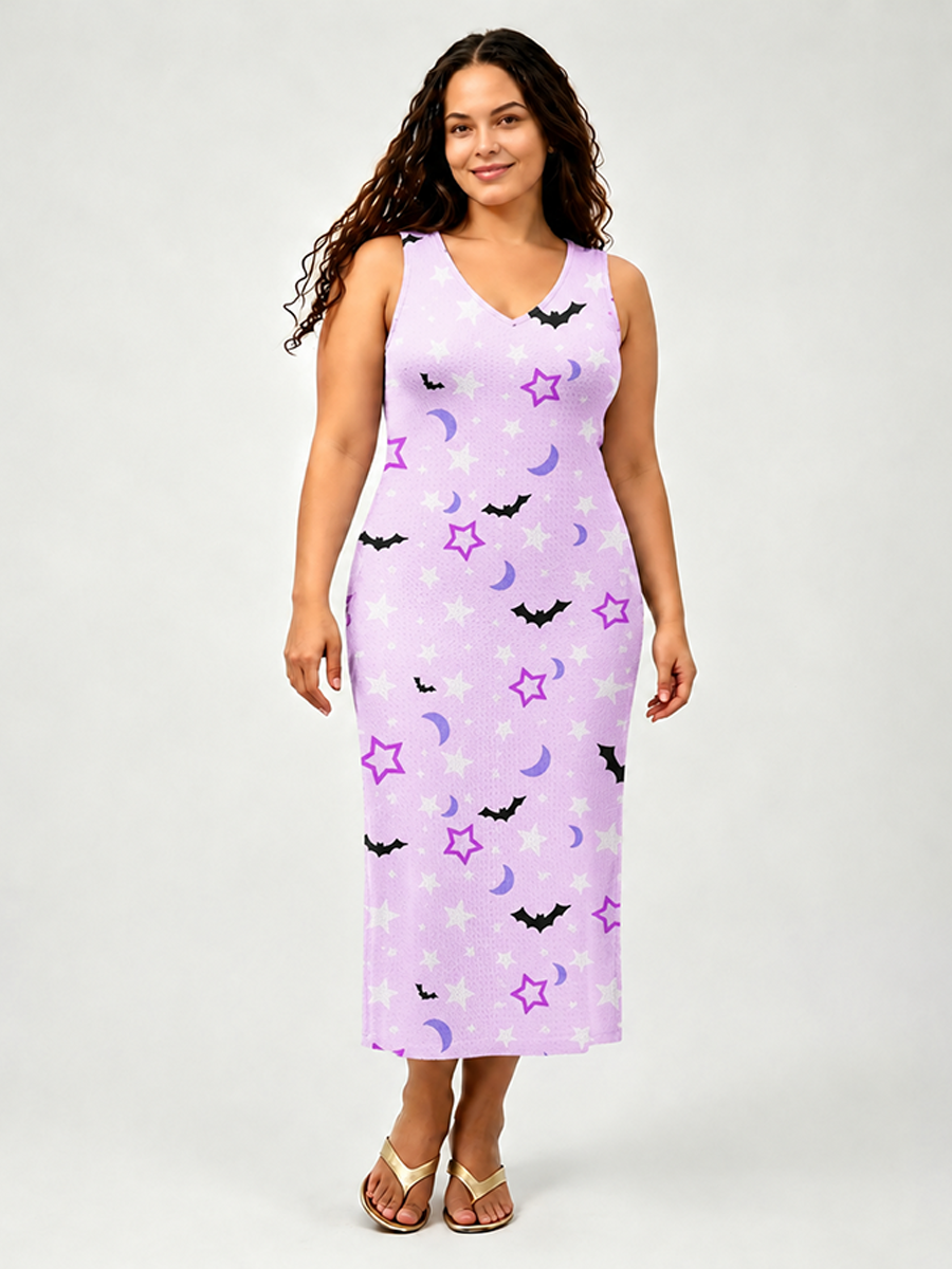 Light Pastel Lavender Halloween Star Bat Open Stitch Midi Dress