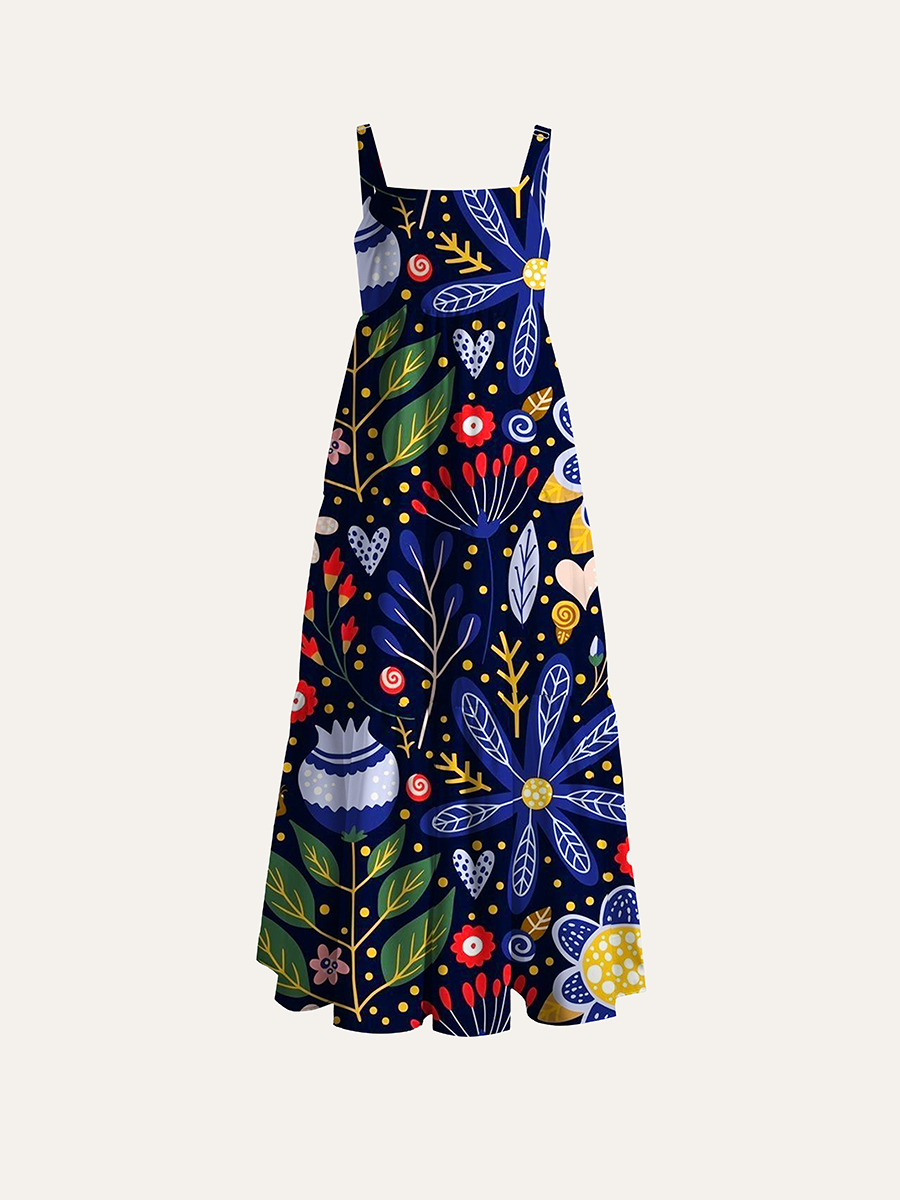 Enchanted Night Garden Adjustable Wide Straps Maxi Dress