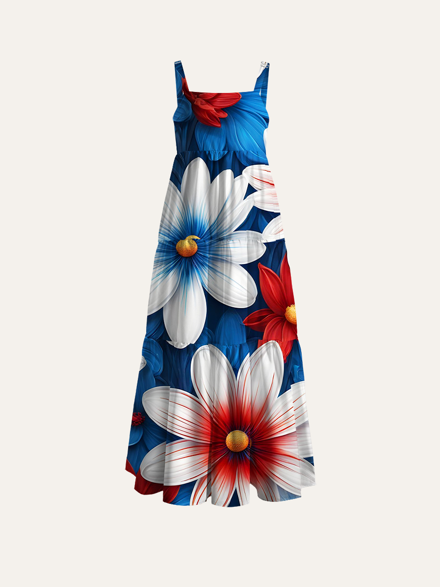 Patriotic Textured Floral Adjustable Wide Straps Maxi Dress