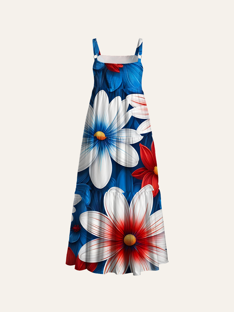 Patriotic Textured Floral Adjustable Wide Straps Maxi Dress