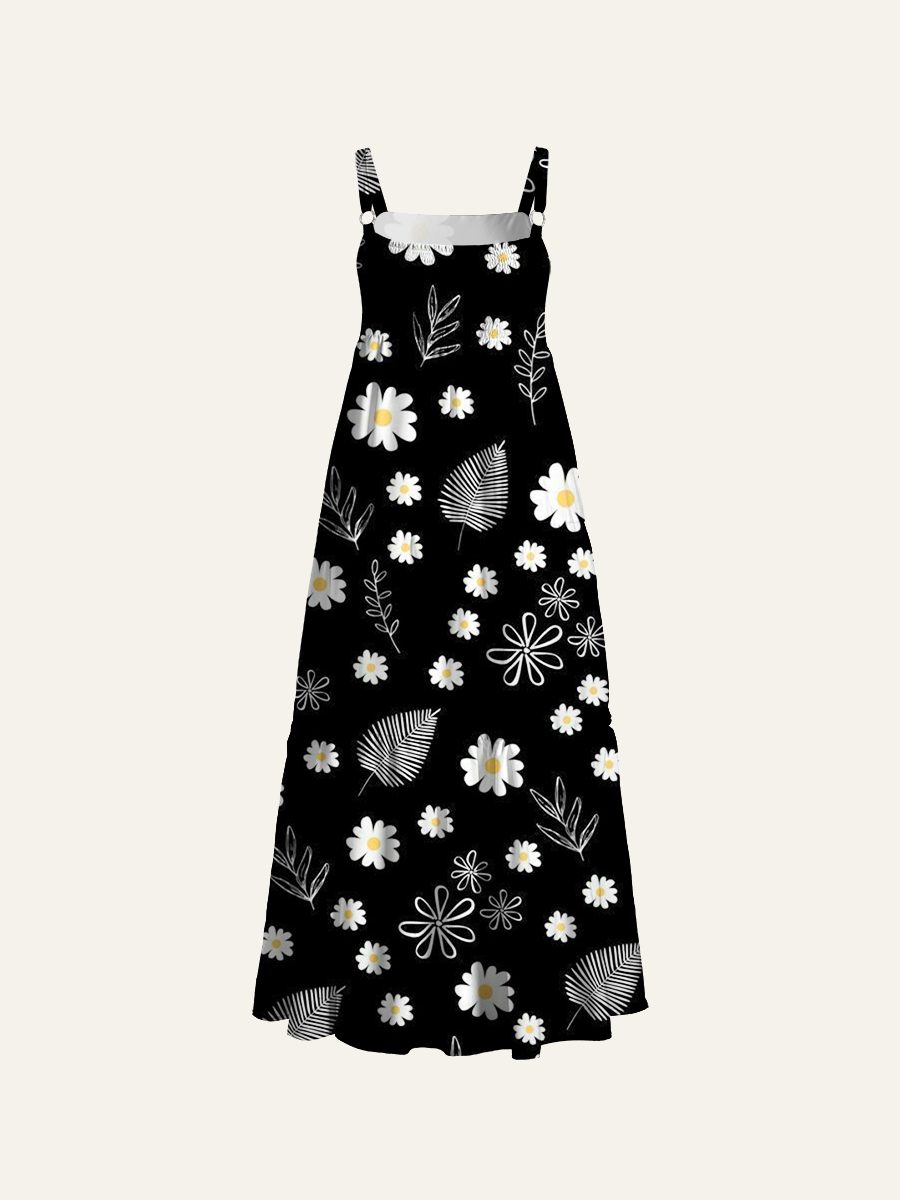 Black & White Minimalist Daisy Adjustable Wide Straps Maxi Dress