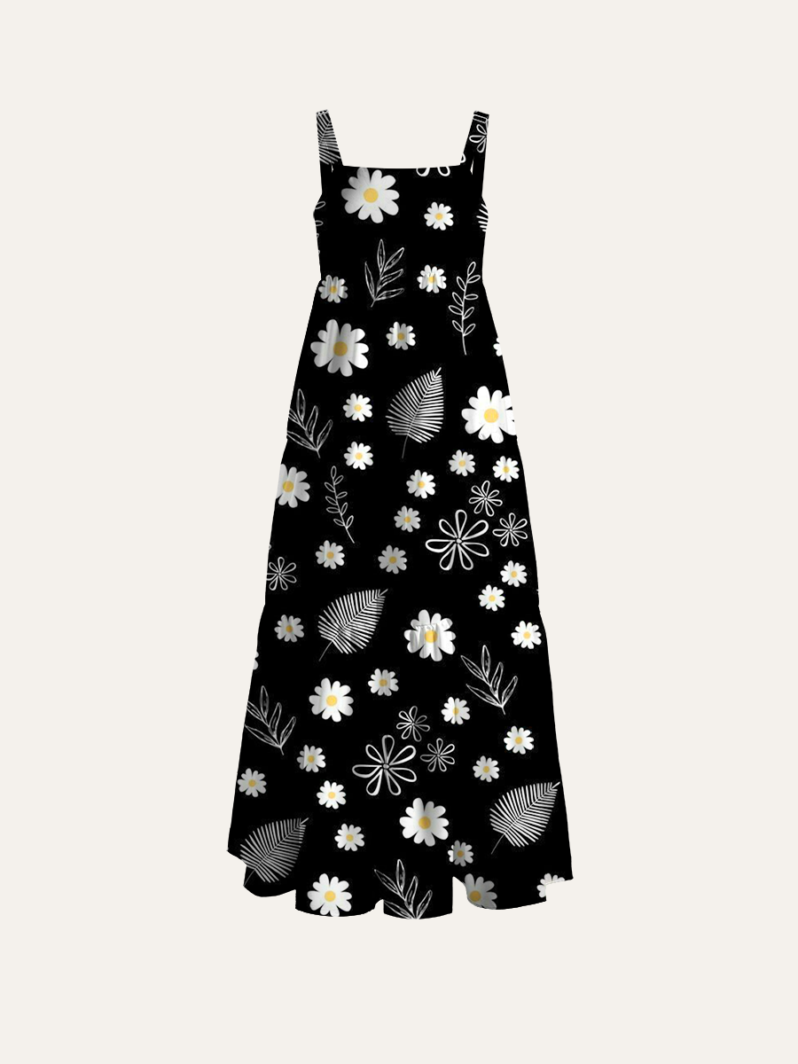 Black & White Minimalist Daisy Adjustable Wide Straps Maxi Dress