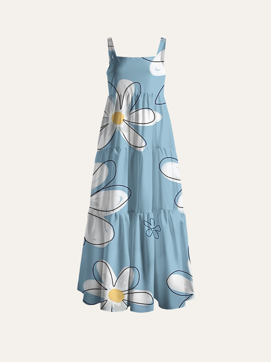 Soft Pastel Doodle Adjustable Wide Straps Maxi Dress