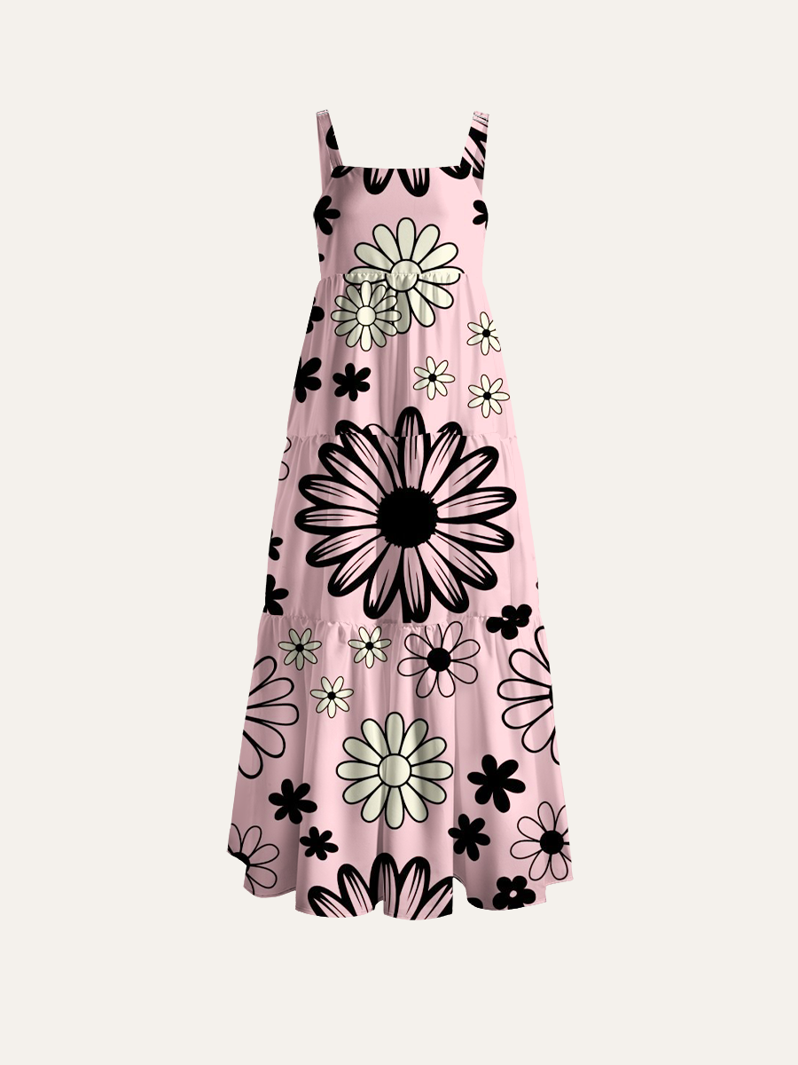 Whimsical Pop Art Flower Adjustable Wide Straps Maxi Dress