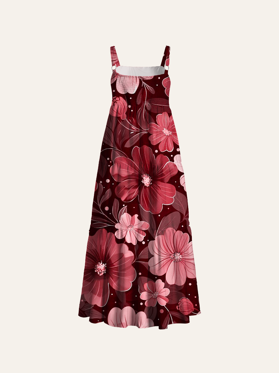 Marsala & Blush Pink Floral Adjustable Wide Straps Maxi Dress