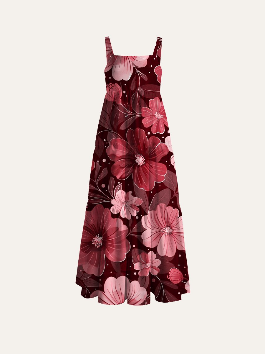 Marsala & Blush Pink Floral Adjustable Wide Straps Maxi Dress