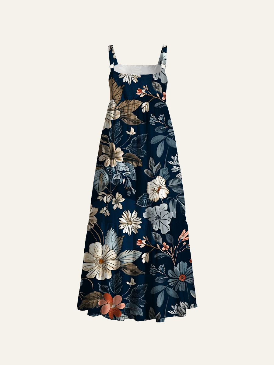 Midnight Navy Vintage Floral Adjustable Wide Straps Maxi Dress