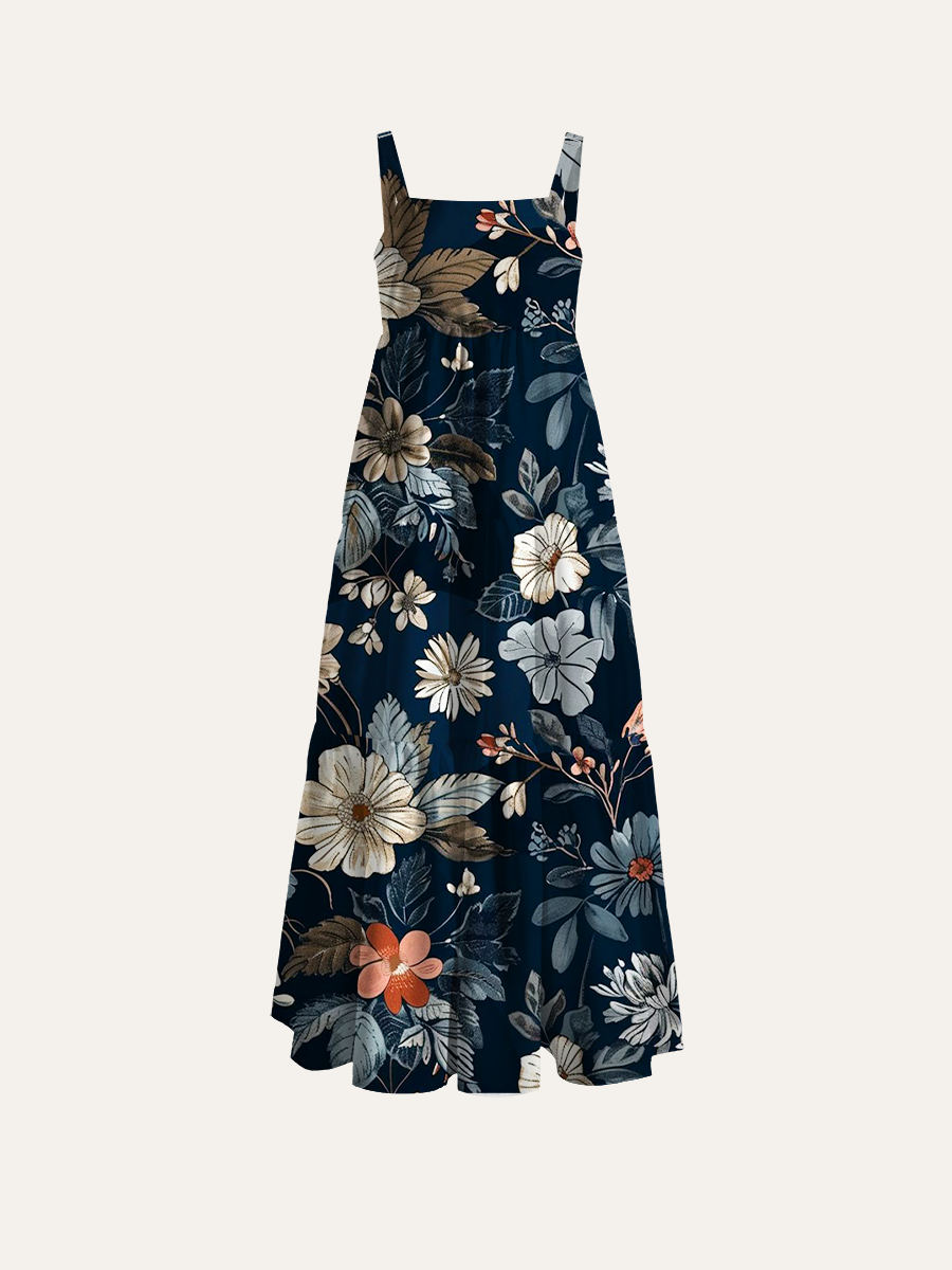 Midnight Navy Vintage Floral Adjustable Wide Straps Maxi Dress
