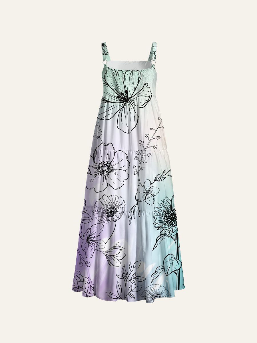 Dreamy Doodle Floral Adjustable Wide Straps Maxi Dress