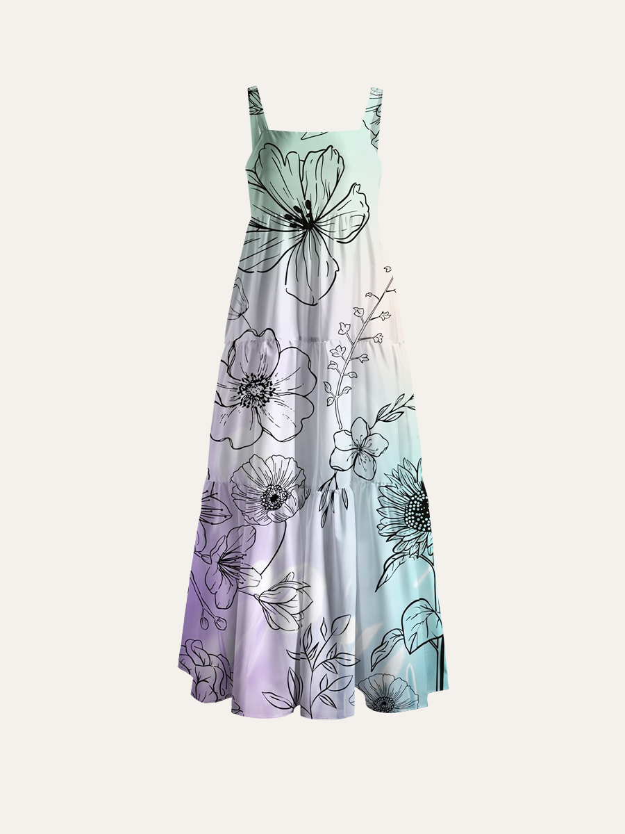 Dreamy Doodle Floral Adjustable Wide Straps Maxi Dress
