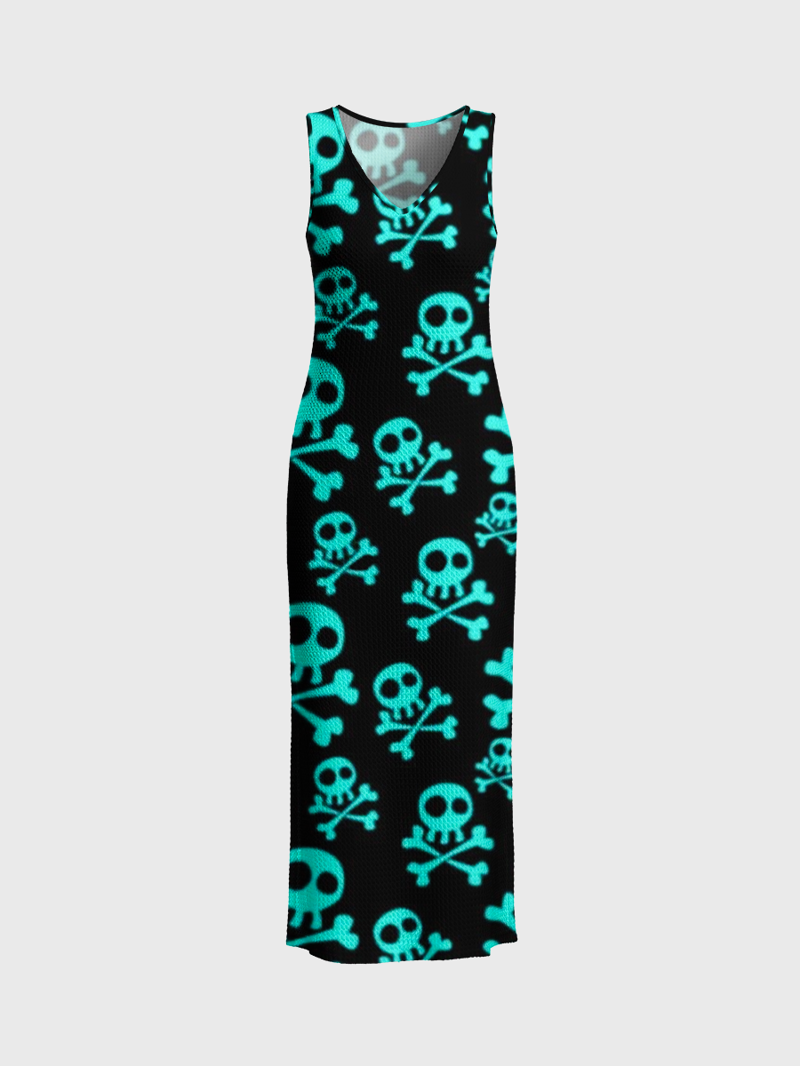 Cartoon Glowing Cyan Skull & Bone Open Stitch Midi Dress