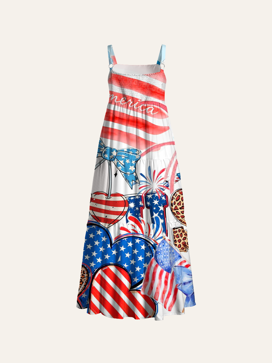 Patriotic Watercolor America Adjustable Wide Straps Maxi Dress