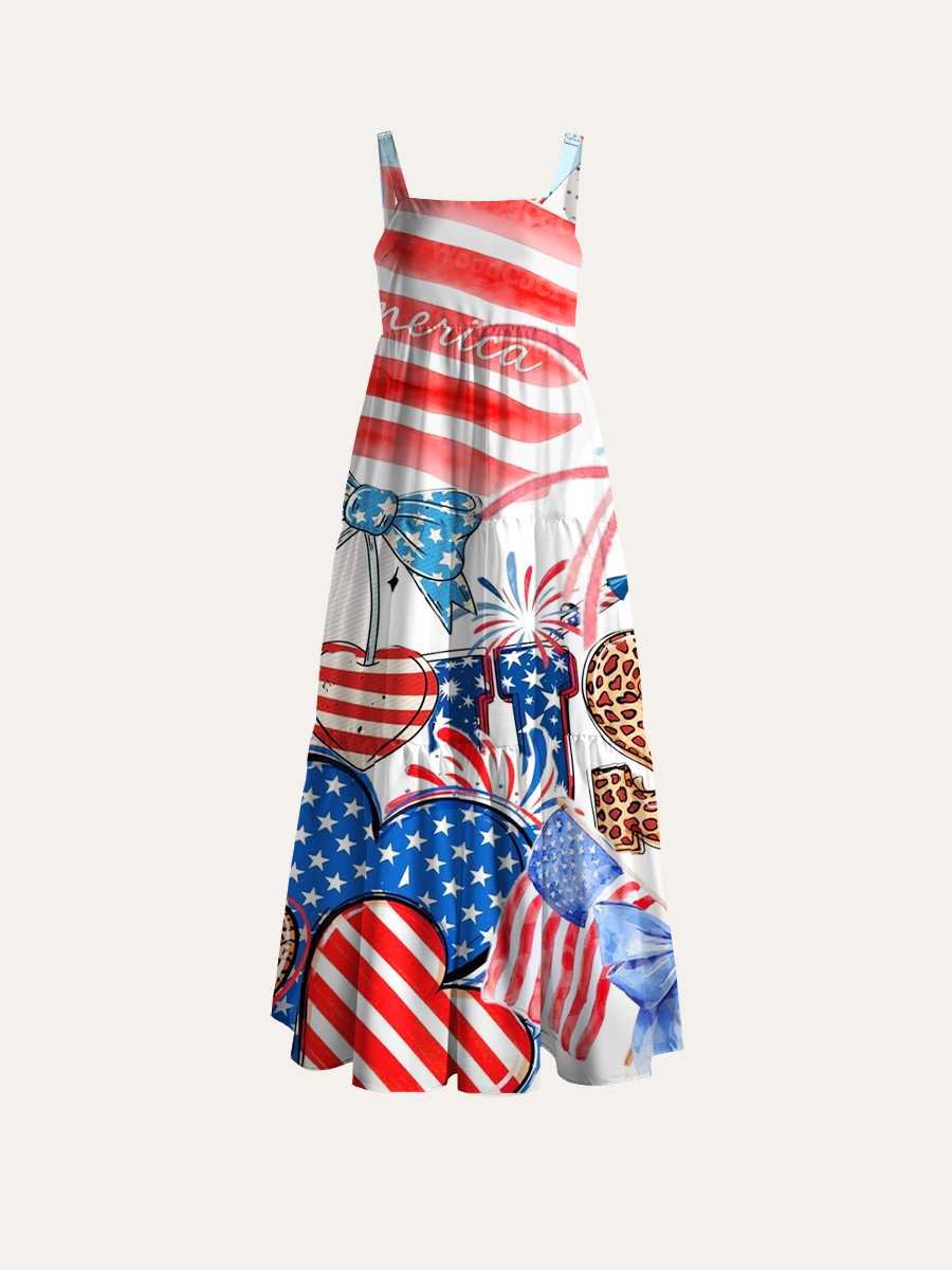 Patriotic Watercolor America Adjustable Wide Straps Maxi Dress