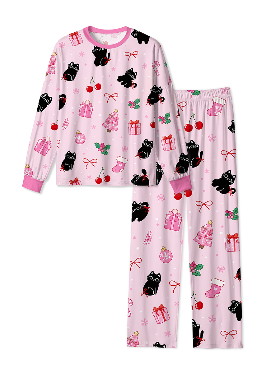 Vintage Cute Black Cat Pink Christmas Mixed Pajamas