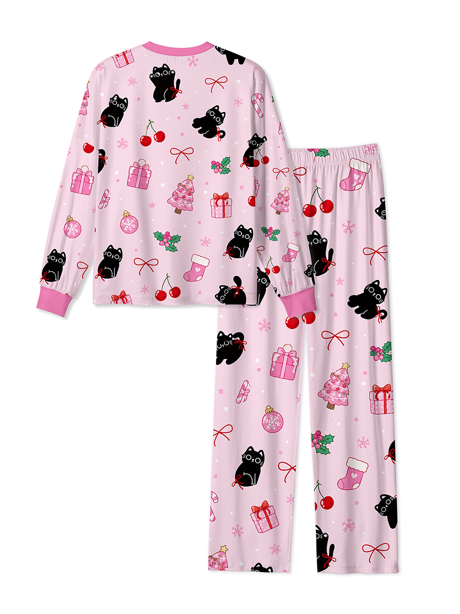 Vintage Cute Black Cat Pink Christmas Mixed Pajamas