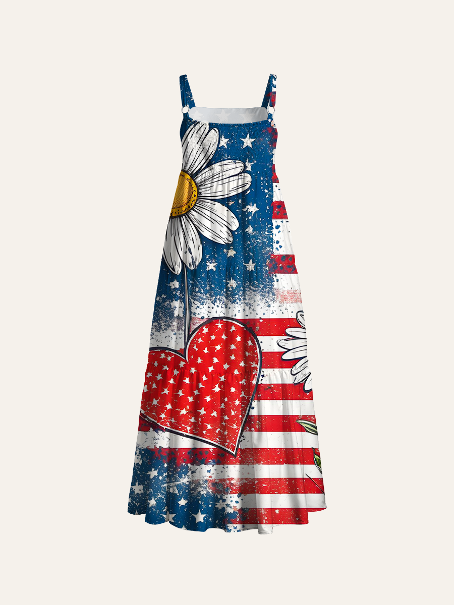Vintage American Flag Daisy Adjustable Wide Straps Maxi Dress