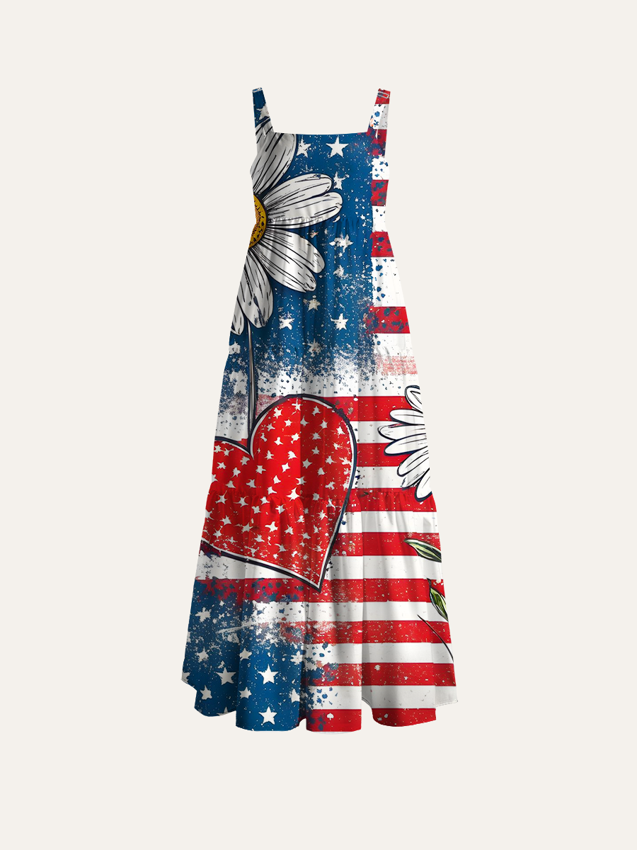 Vintage American Flag Daisy Adjustable Wide Straps Maxi Dress