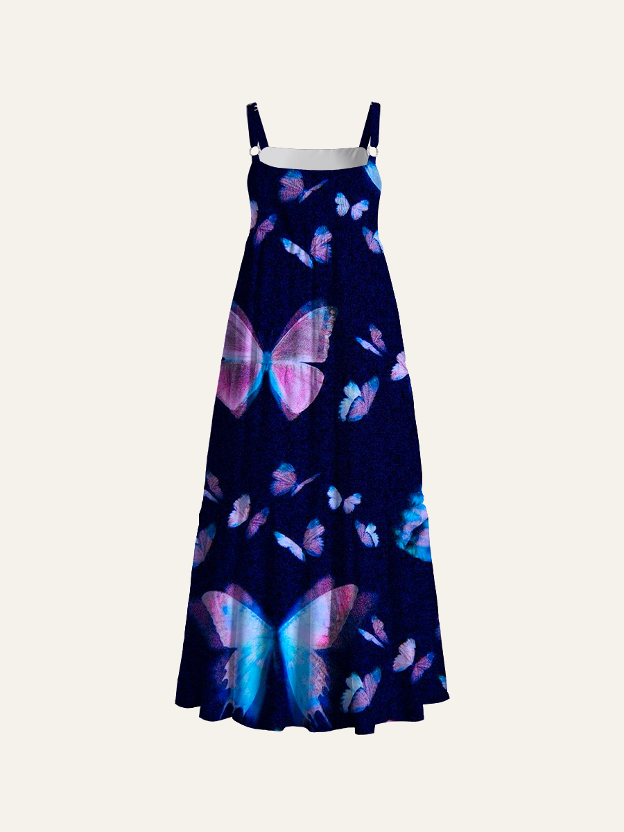 Ethereal Pastel Butterfly Arrangement Adjustable Wide Straps Maxi Dress