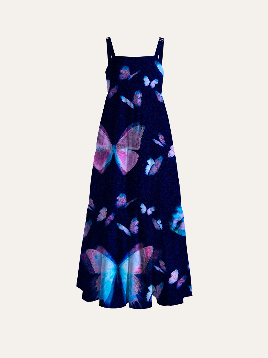 Ethereal Pastel Butterfly Arrangement Adjustable Wide Straps Maxi Dress