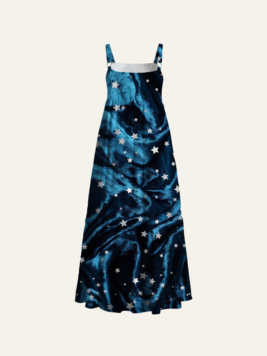 Midnight Blue Starry Adjustable Wide Straps Maxi Dress