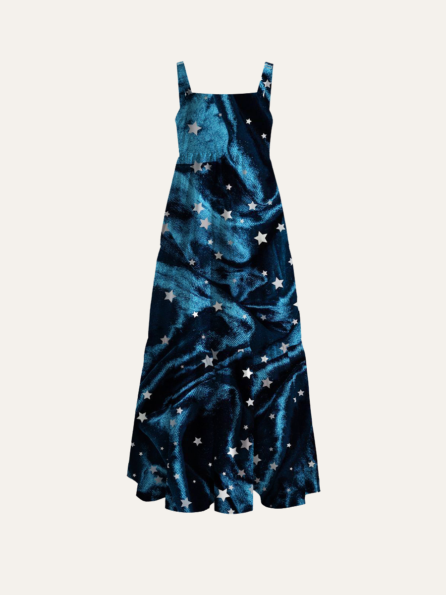 Midnight Blue Starry Adjustable Wide Straps Maxi Dress