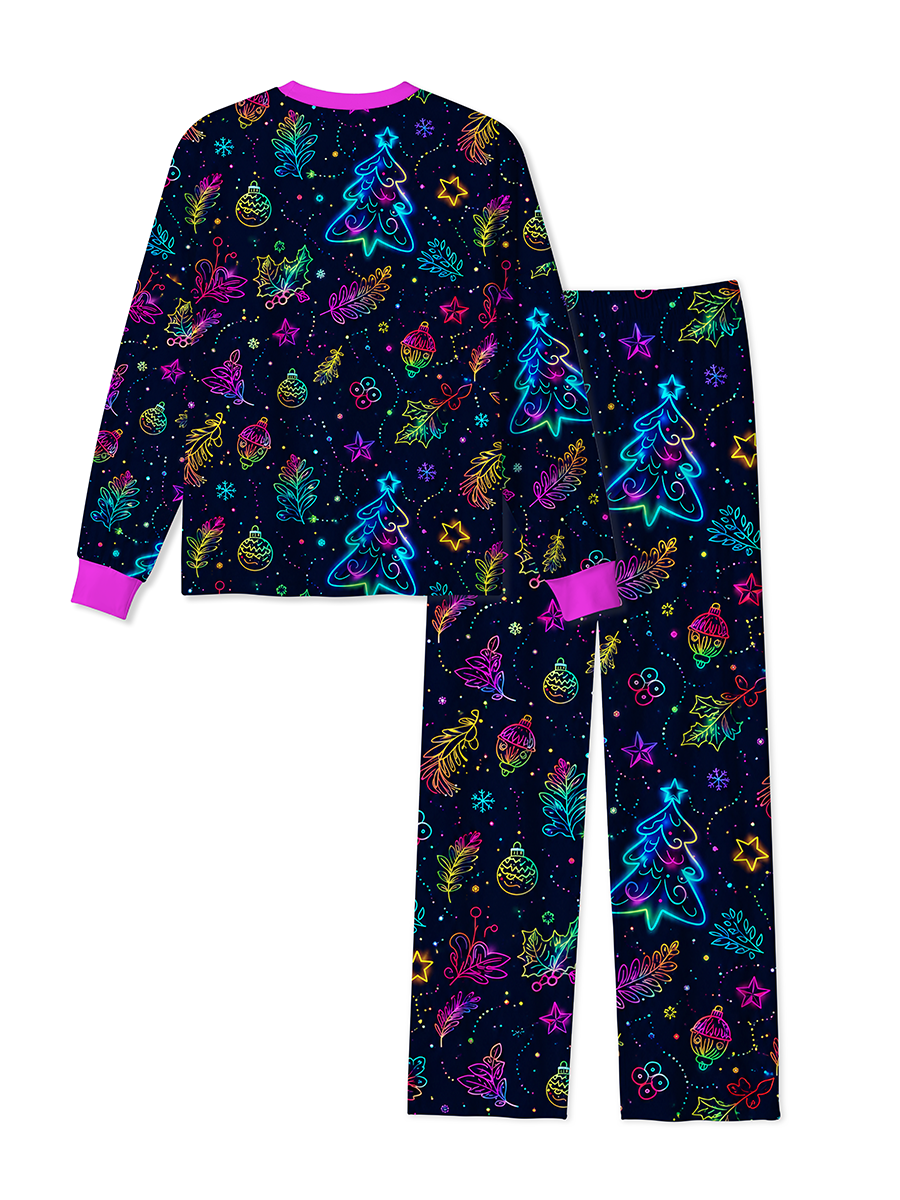 Vintage Neon Rainbow Line‑Art Christmas Foliage Mixed Pajamas