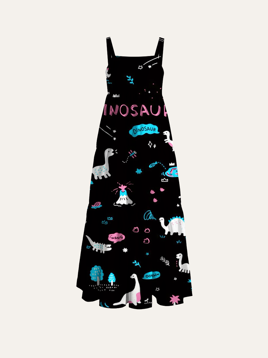 Edgy Pastel Doodle Dino Adjustable Wide Straps Maxi Dress