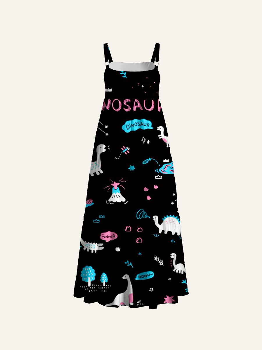 Edgy Pastel Doodle Dino Adjustable Wide Straps Maxi Dress