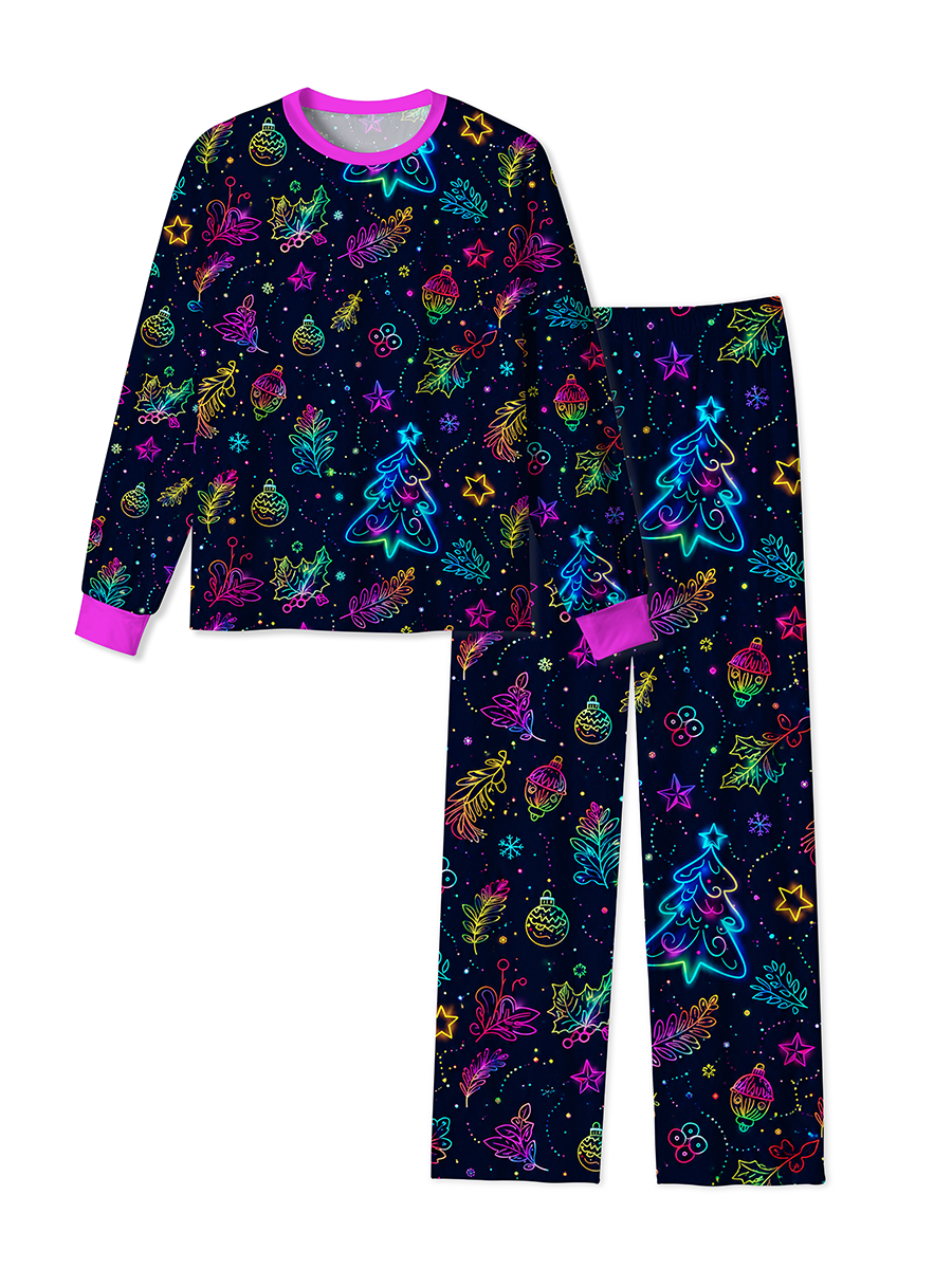 Vintage Neon Rainbow Line‑Art Christmas Foliage Mixed Pajamas