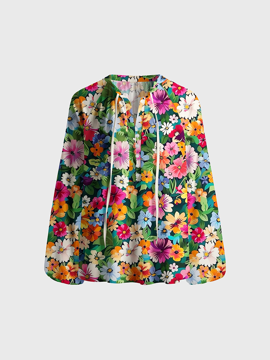Vibrant Multicolor Cosmos Wildflower Neck Tie Blouse
