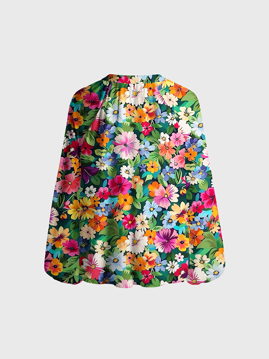 Vibrant Multicolor Cosmos Wildflower Neck Tie Blouse