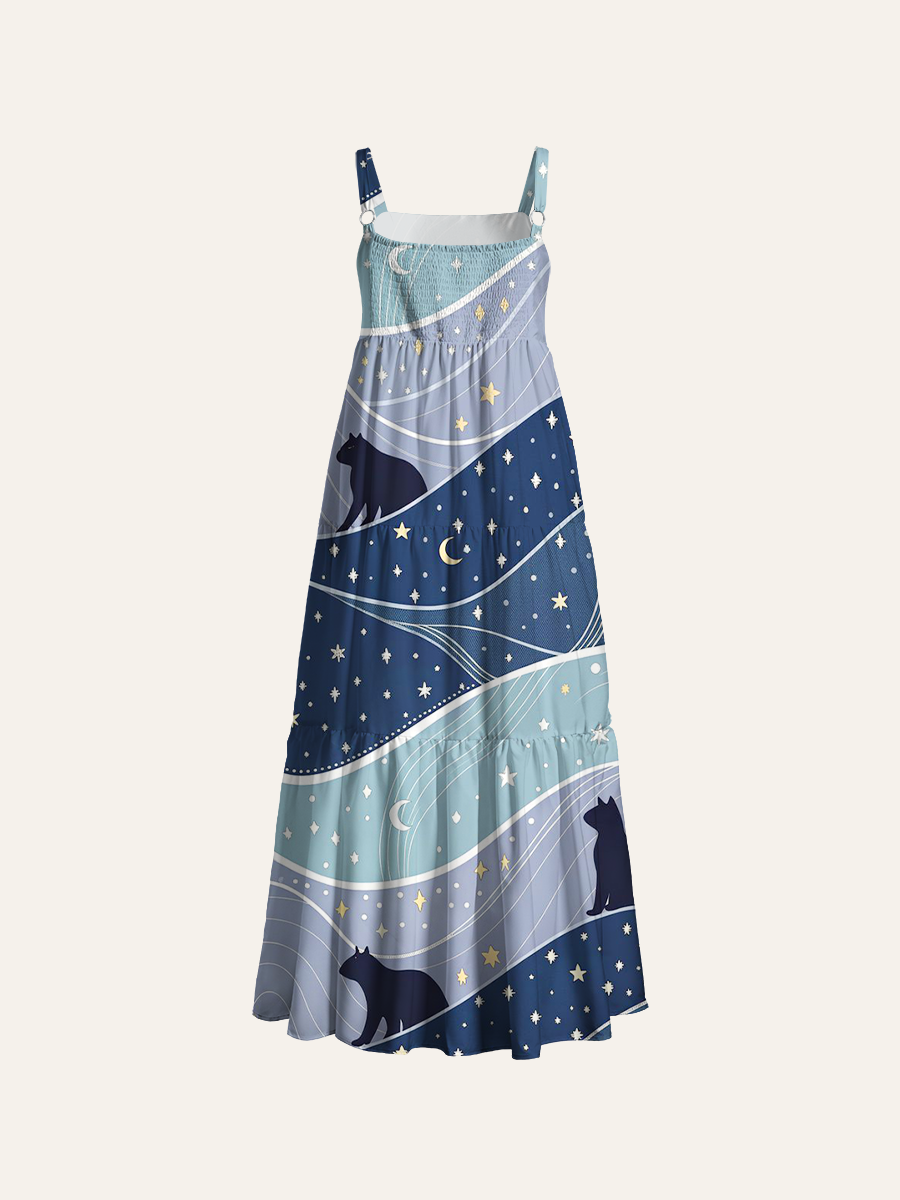 Moon And Star Cats Adjustable Wide Straps Maxi Dress