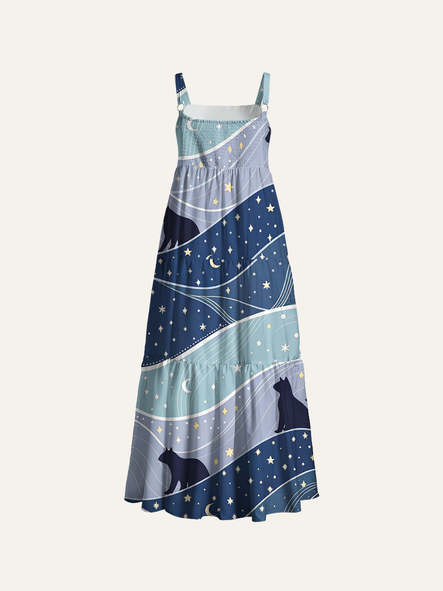 Moon And Star Cats Adjustable Wide Straps Maxi Dress