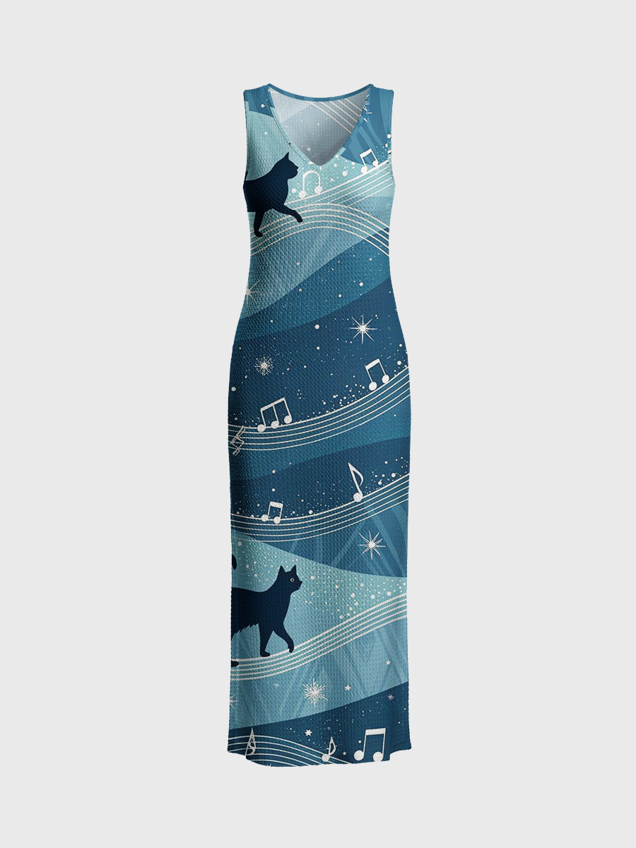 Black Cat Silhouettes Walking On Music Staff Open Stitch Midi Dress