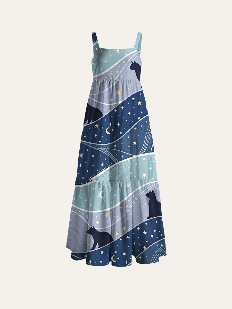 Moon And Star Cats Adjustable Wide Straps Maxi Dress