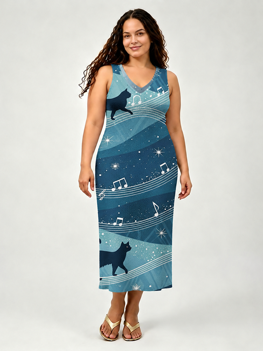 Black Cat Silhouettes Walking On Music Staff Open Stitch Midi Dress