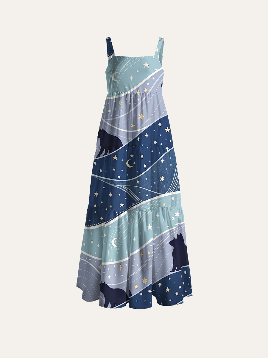 Moon And Star Cats Adjustable Wide Straps Maxi Dress