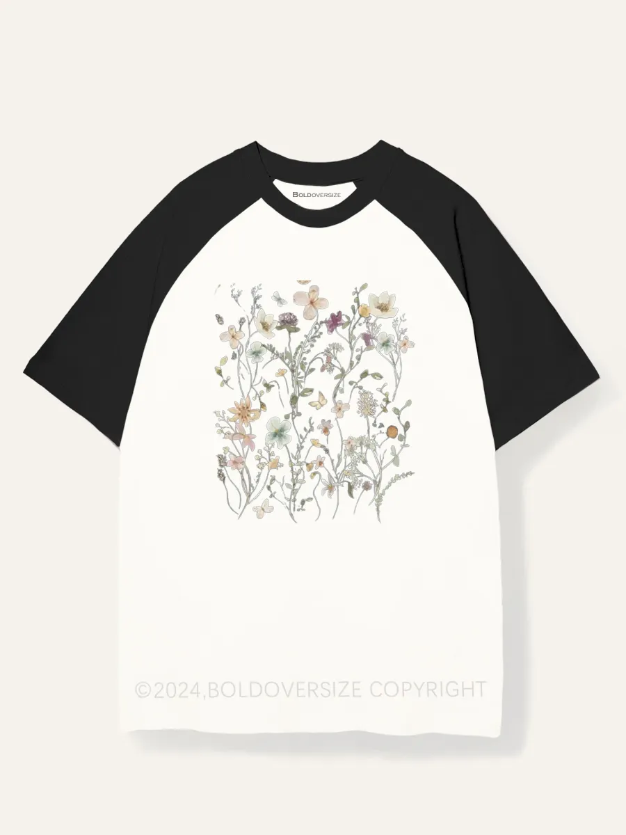 Vintage Boho Wildflowers Cottagecore Raglan Short Sleeve T-Shirt