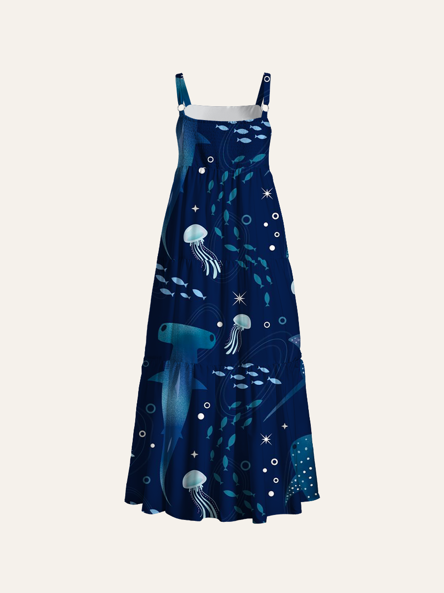Whimsical Ocean Creature Adjustable Wide Straps Maxi Dress