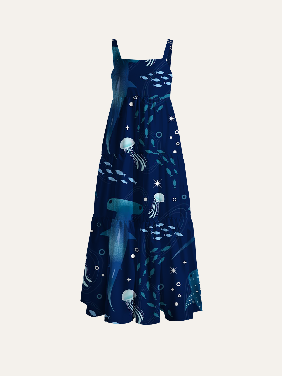Whimsical Ocean Creature Adjustable Wide Straps Maxi Dress