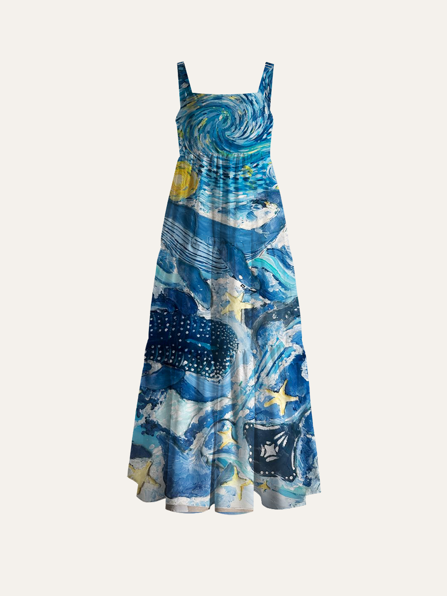 Starry Night Ocean Whale Adjustable Wide Straps Maxi Dress