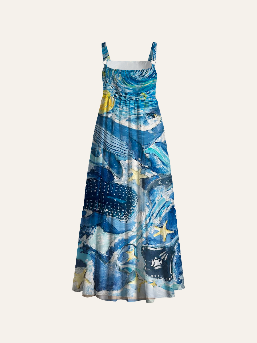 Starry Night Ocean Whale Adjustable Wide Straps Maxi Dress