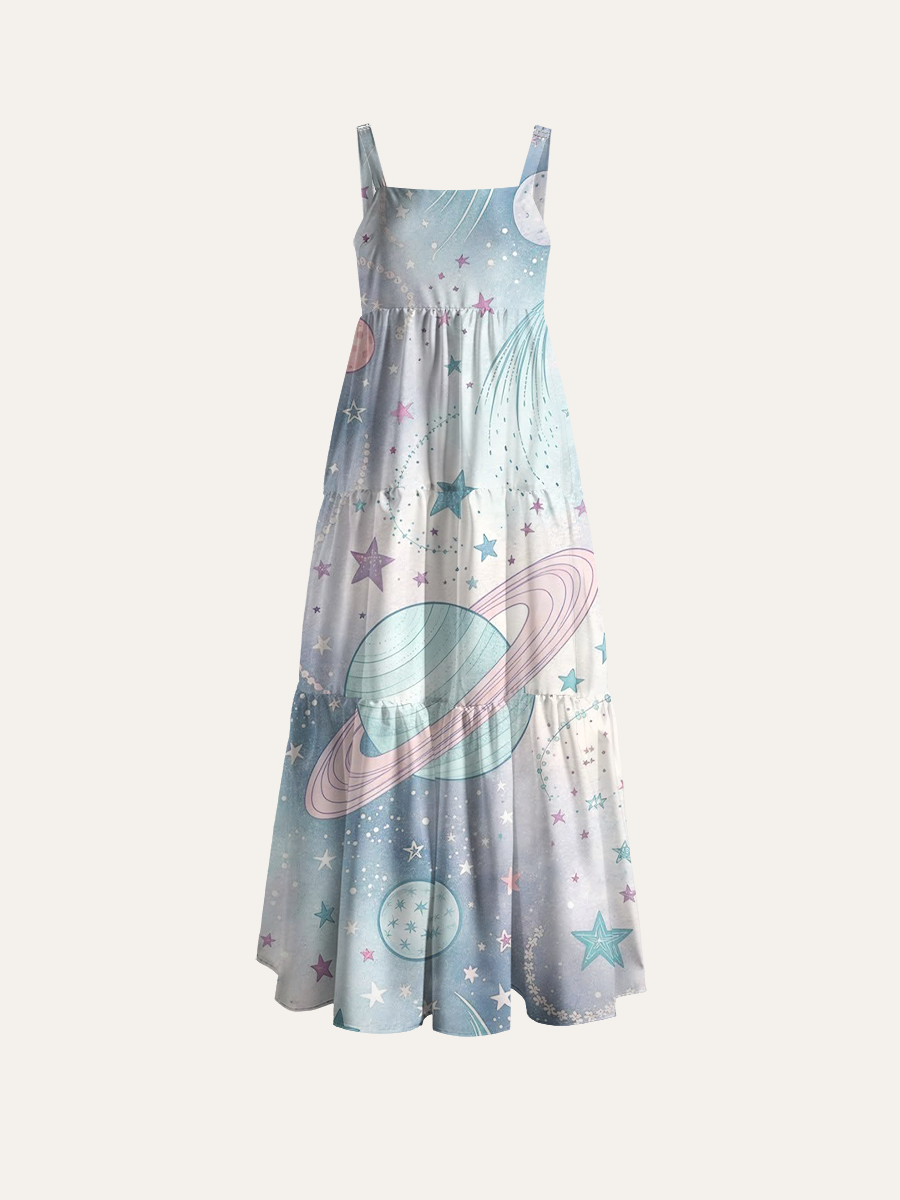 Dreamy Pastel Solar System Adjustable Wide Straps Maxi Dress