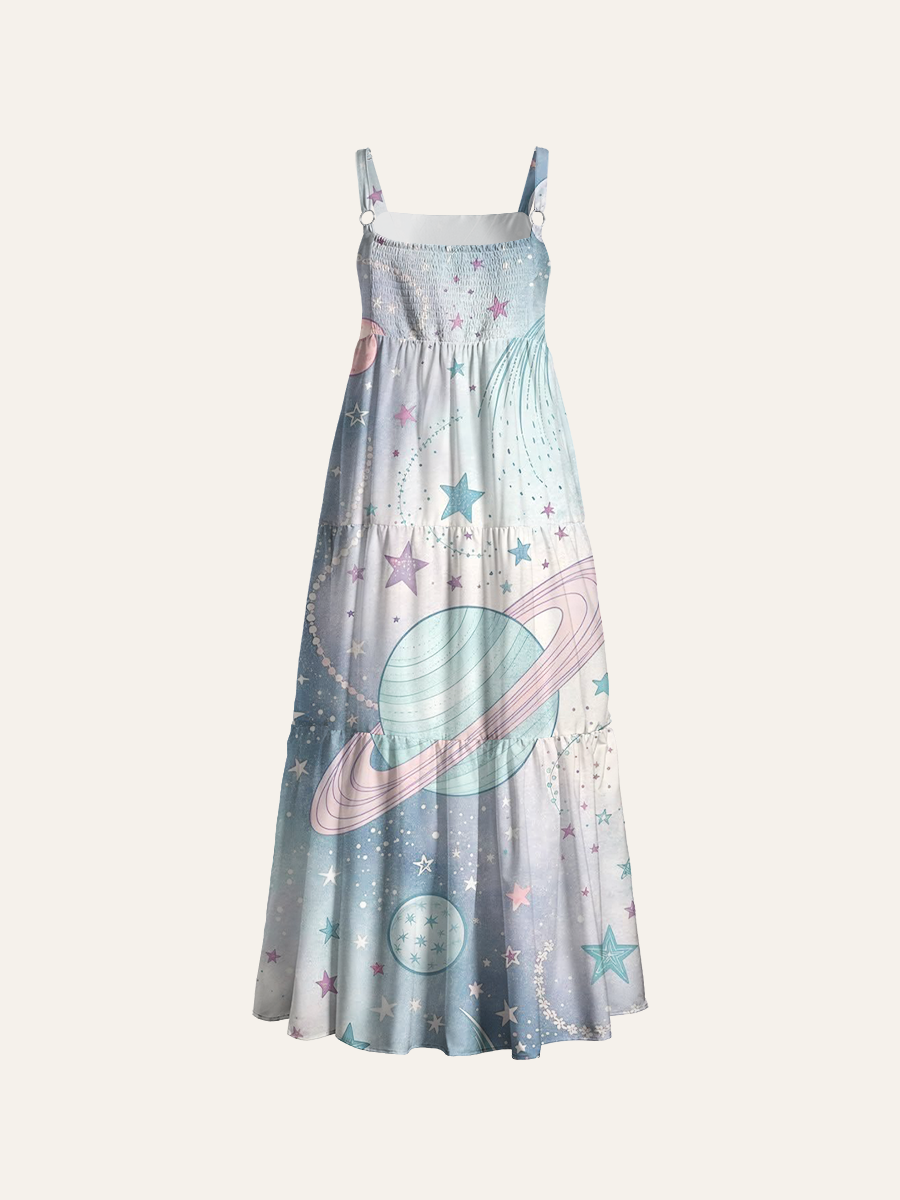 Dreamy Pastel Solar System Adjustable Wide Straps Maxi Dress