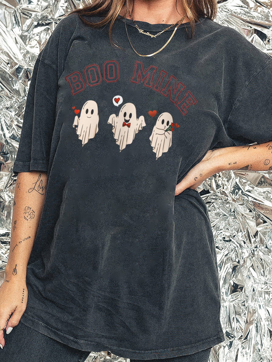 Plus Size Boo Mine Valentine's Day Ghost Washed T-Shirt