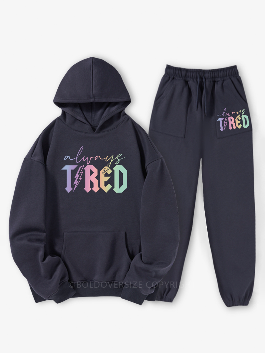 Vintage Always Tired Glitter Hoodie Suit